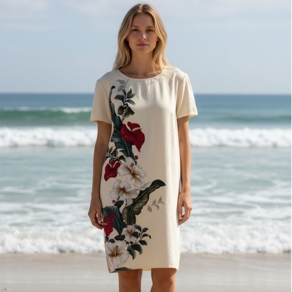 Iolani Hawaii Women Cream Floral Hibiscus Tropical Shift Midi Dress Size M‎ Luau